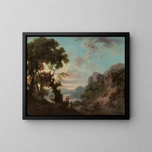 Ein bewaldetes Landschaft mit einem See und Fischern im Vordergrund - George Barret — gerahmtes Bild an der Wand