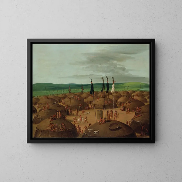 Luftaufnahme des Dorfes Mandan 1800 Meilen über Saint-Louis - George Catlin — gerahmtes Bild an der Wand
