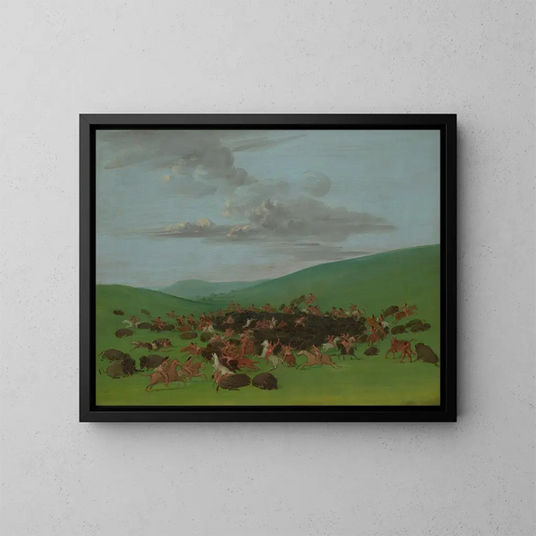 Jagd auf Bisons umgeben von den Hidatsa - George Catlin — gerahmtes Bild an der Wand