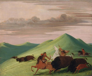 Jagd auf Büffel: Ein Stier, der eine Kuh und ihr Kalb beschützt - George Catlin — Ansicht des Kunstwerks