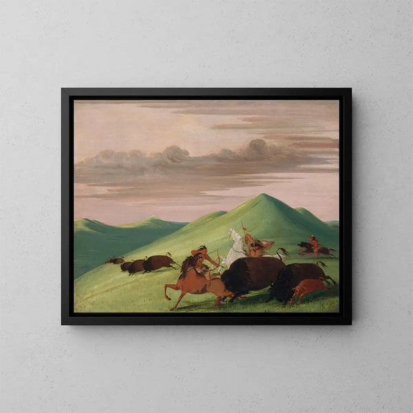 Jagd auf Büffel: Ein Stier, der eine Kuh und ihr Kalb beschützt - George Catlin — gerahmtes Bild an der Wand