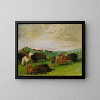 Die Büffeljagd: die Stiere im Kampf mit Menschen und Pferden - George Catlin — gerahmtes Bild an der Wand