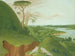 Felsen am Fluss mit weißen Wölfen im Vordergrund, Ober-Missouri - George Catlin — Ansicht des Kunstwerks