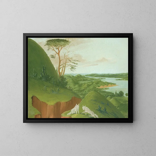 Felsen am Fluss mit weißen Wölfen im Vordergrund, Ober-Missouri - George Catlin — gerahmtes Bild an der Wand