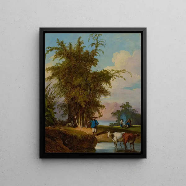 George Chinnery - A landscape in Macau with a herdsman and cattle watering a stand of bamboo beyond.webp