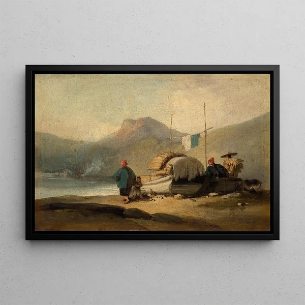 Chinesische Szene Boote in der Nähe des Sees - George Chinnery — gerahmtes Bild an der Wand