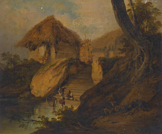Figuren, die in einem Fluss baden, mit Schilfhütten im Hintergrund, Bengalen, Indien - George Chinnery — Ansicht des Kunstwerks