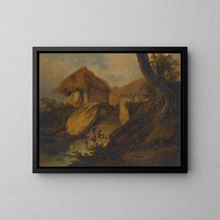 Figuren, die in einem Fluss baden, mit Schilfhütten im Hintergrund, Bengalen, Indien - George Chinnery — gerahmtes Bild an der Wand