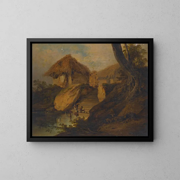 Figuren, die in einem Fluss baden, mit Schilfhütten im Hintergrund, Bengalen, Indien - George Chinnery — gerahmtes Bild an der Wand