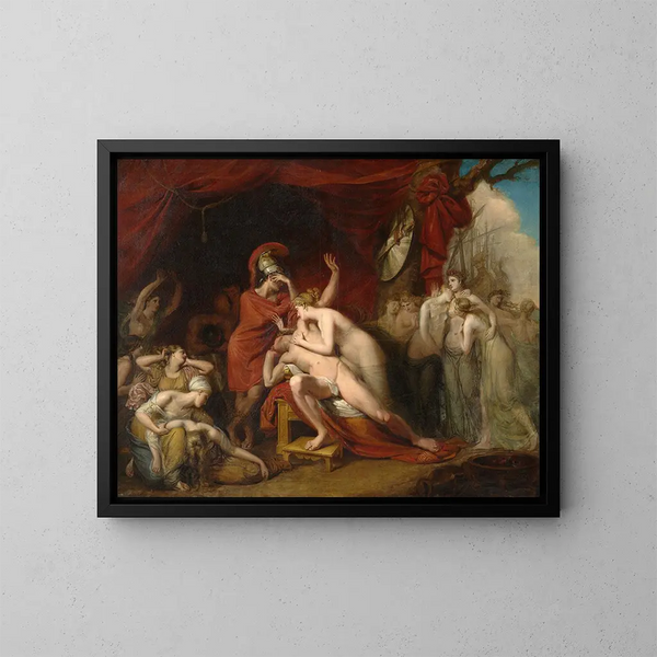 Achille, verrückt vor Kummer über den Verlust von Patroklos, weist die Trost spendende Thétis zurück - George Dawe — gerahmtes Bild an der Wand
