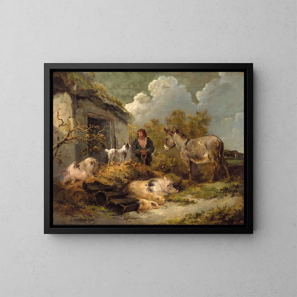 eines Bauernjungen mit einem Esel, Schweinen und einem Hirtenhund - George Morland — gerahmtes Bild an der Wand
