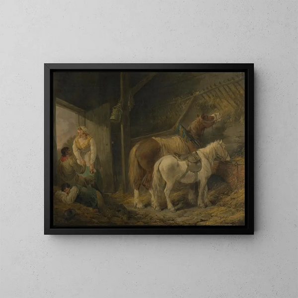 Eine Stallung für Träger - George Morland — gerahmtes Bild an der Wand