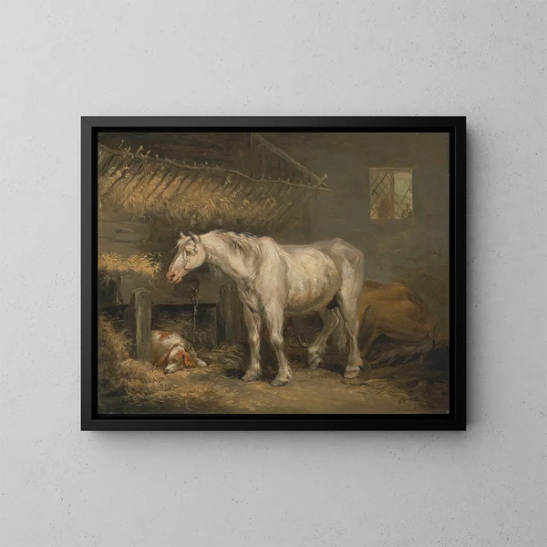Alte Pferde mit einem Hund in einer Scheune - George Morland — gerahmtes Bild an der Wand