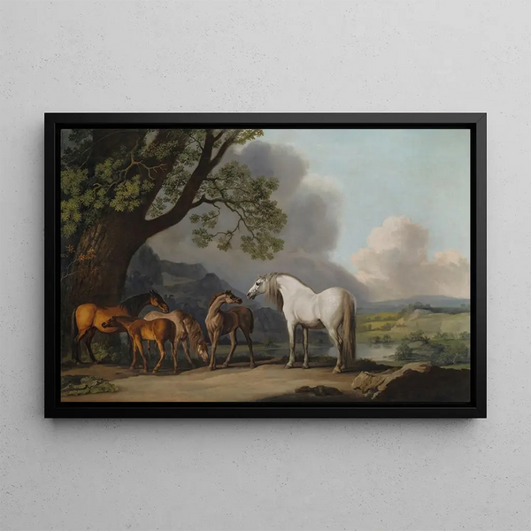 Juments und Fohlen in einer weiten Landschaft - George Stubbs — gerahmtes Bild an der Wand