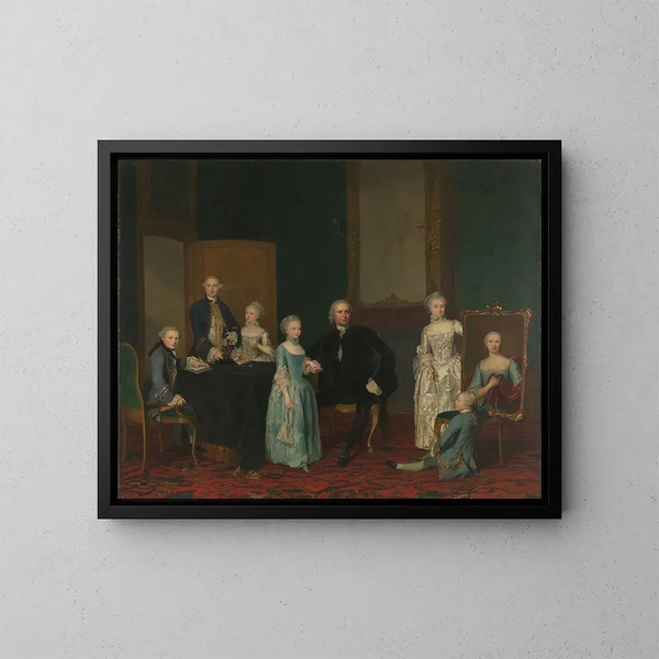 Portrait de Pieter Cornelis Hasselaer, conseiller de la Compagnie néerlandaise des Indes orientales et bourgmestre d'Amsterdam avec sa famille - George van der Mijn — gerahmtes Bild an der Wand
