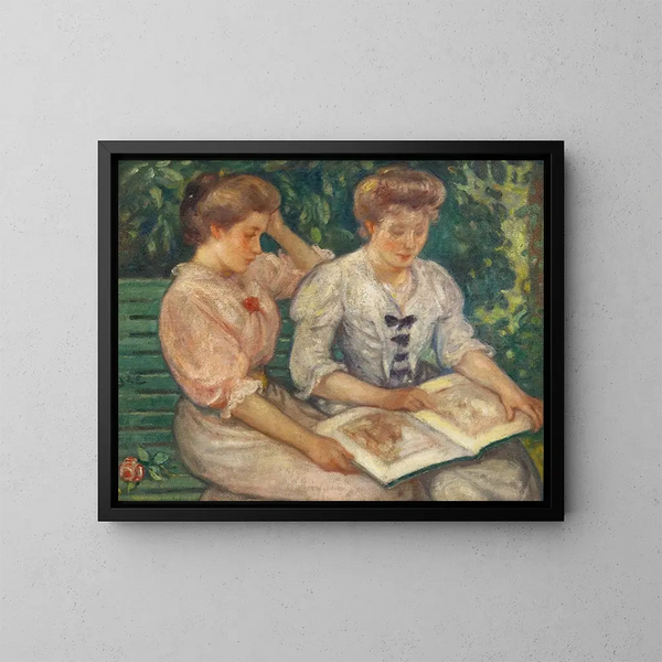 Blanche Viau und Alice Viau, zwei junge Mädchen, die auf einer Bank lesen - Georges d'Espagnat — gerahmtes Bild an der Wand