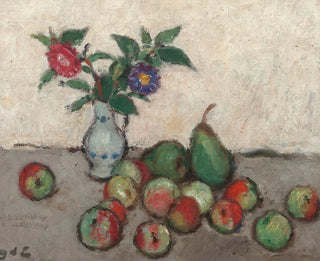 Naturstillleben mit Blumen in einer blauen und weißen Vase, Äpfeln und Birnen auf einem Tisch - Georges d'Espagnat — Ansicht des Kunstwerks