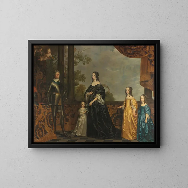 Frédéric Henri, seine Ehefrau Amélie de Solms und ihre drei jüngsten Töchter - Gerard van Honthorst — gerahmtes Bild an der Wand