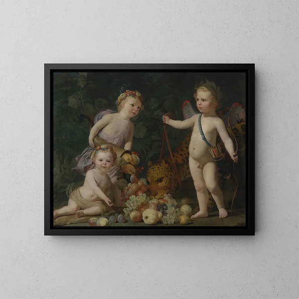 Drei Kinder mit Früchten und einem Jaguar - Gerard van Honthorst — gerahmtes Bild an der Wand