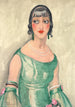 Portrait einer Frau in grünem Kleid und Perlen - Gerda Wegener — Ansicht des Kunstwerks