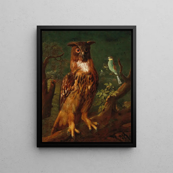 German School - An owl and a blue tit sitting in a tree.webp