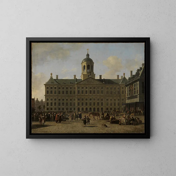 Der Dam-Platz in Amsterdam mit dem Rathaus und der Waage - Gerrit Adriaensz Berckheyde — gerahmtes Bild an der Wand