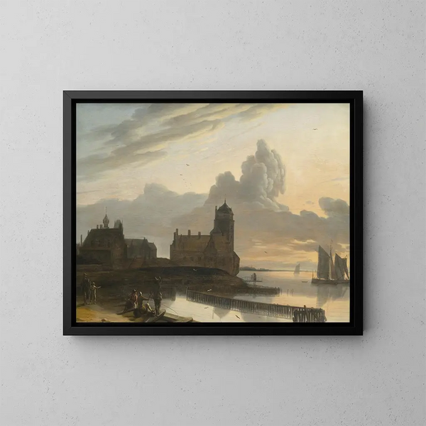 Deutsches Flusslandschaft-Gemälde mit einer Stadt - Gerrit Adriaensz Berckheyde — gerahmtes Bild an der Wand