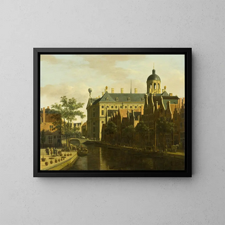 Das Nieuwezijds Voorburgwal mit dem Blumen- und Baumarkt in Amsterdam - Gerrit Adriaensz Berckheyde — gerahmtes Bild an der Wand