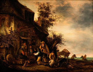 Szene mit einem Geiger und einem Jungen mit Violine vor einer Taverne - Gert van Hens — Ansicht des Kunstwerks