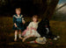 Ein Porträt von zwei Kindern mit ihrem Lieblingshund in einer blühenden Landschaft - Géza Vastagh — Ansicht des Kunstwerks