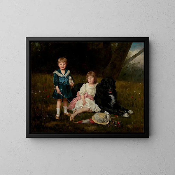 Ein Porträt von zwei Kindern mit ihrem Lieblingshund in einer blühenden Landschaft - Géza Vastagh — gerahmtes Bild an der Wand