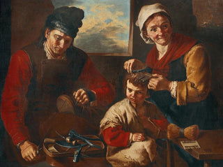 Ein Schuhmacher und eine Frau, die einem Kind die Haare schneiden - Giacomo Francesco Cipper — Ansicht des Kunstwerks