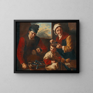 Ein Schuhmacher und eine Frau, die einem Kind die Haare schneiden - Giacomo Francesco Cipper — gerahmtes Bild an der Wand
