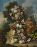 Eine Stillleben mit einer Girlande aus Rosen, Tulpen, Nelken und anderen Blumen, die um eine Steinuhr drapiert sind, in einer Landschaft - Giacomo Nani — Ansicht des Kunstwerks