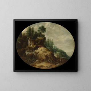 Wassermühle in der Nähe eines bewaldeten Aufschlusses - Gillis Peeters der Ältere — gerahmtes Bild an der Wand