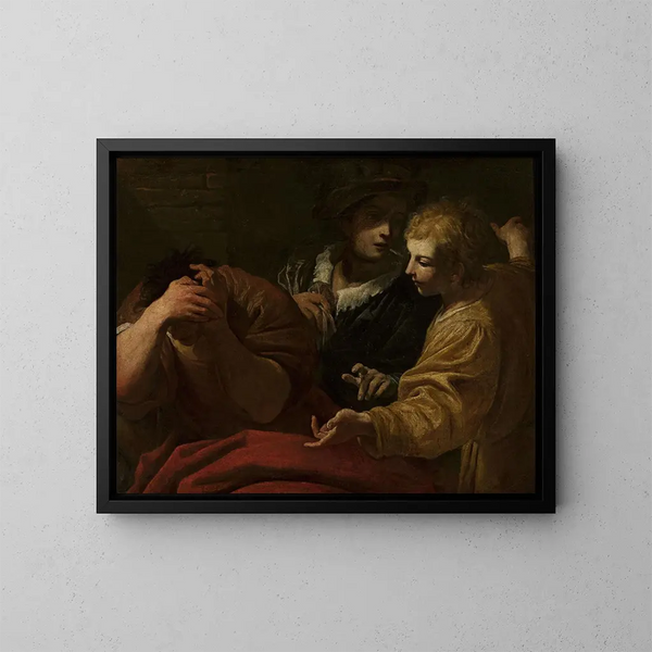 Joseph interpretiert die Träume im Palast des Pharao - Giovanni Antonio Burrini — gerahmtes Bild an der Wand