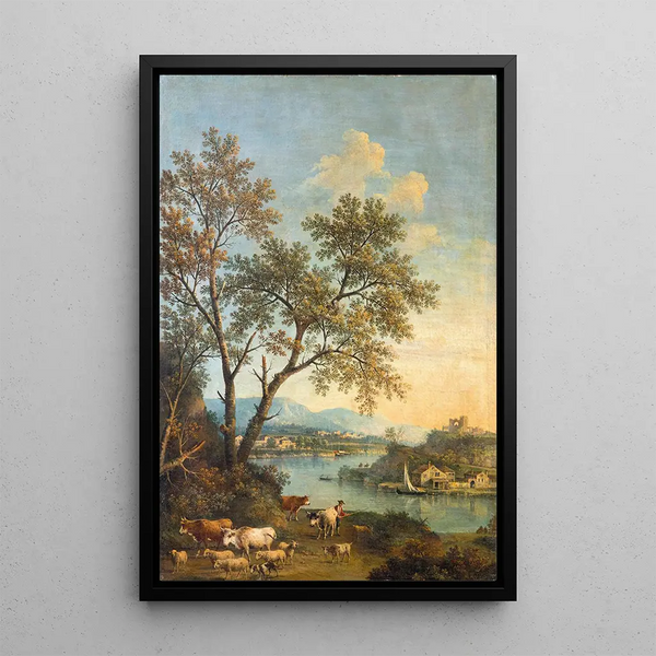 Flusslandschaft mit einem Hirten im Vordergrund und einem Dorf in der Ferne - Giovanni Battista Cimaroli — gerahmtes Bild an der Wand