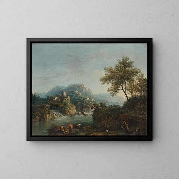 Flusslandschaft mit Figuren und einem Esel - Giovanni Battista Cimaroli — gerahmtes Bild an der Wand