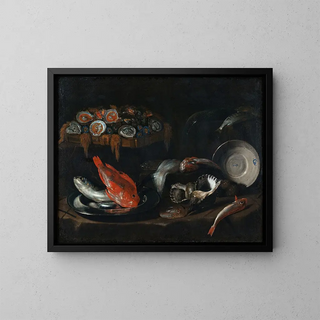 Natur stillleben mit Fisch und Austern - Giovanni Battista Recco — gerahmtes Bild an der Wand