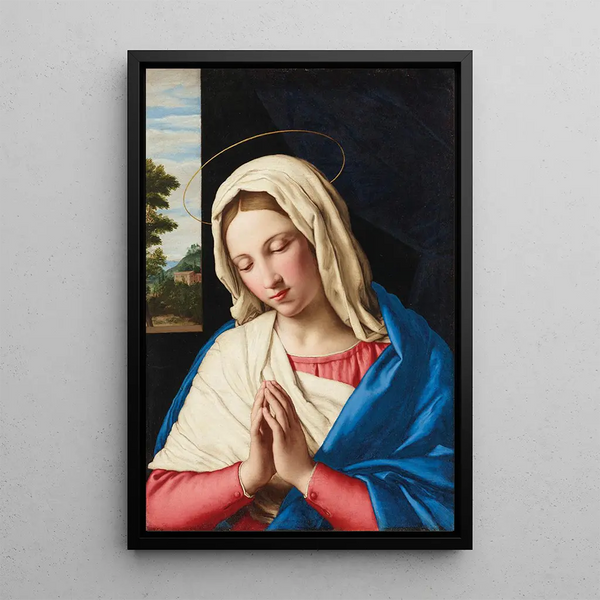 Die Jungfrau im Gebet mit einer Landschaft im Hintergrund - Giovanni Battista Salvi da Sassoferrato — gerahmtes Bild an der Wand