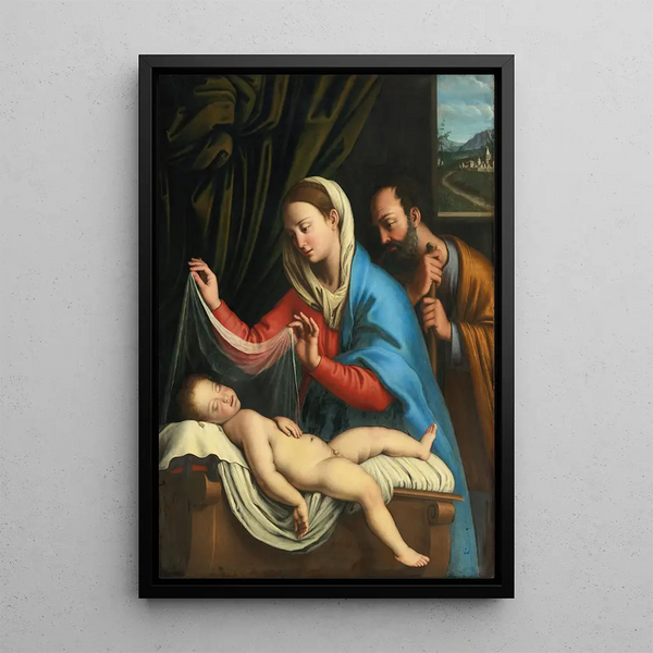 Die Jungfrau und Josef mit dem schlafenden Jesuskind - Giovanni Battista Salvi da Sassoferrato — gerahmtes Bild an der Wand