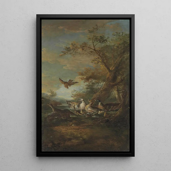 Ein Raubvogel, Enten und Entenküken in einer Landschaft - Giovanni Crivelli — gerahmtes Bild an der Wand