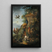 Ein Pfau, Hähne, Hühner und andere Vögel mit einer Landschaft im Hintergrund - Giovanni Crivelli — gerahmtes Bild an der Wand