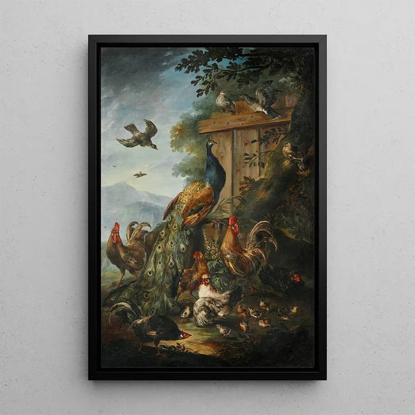 Ein Pfau, Hähne, Hühner und andere Vögel mit einer Landschaft im Hintergrund - Giovanni Crivelli — gerahmtes Bild an der Wand