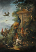Ein Pfau, Hähne, Hühner und andere Vögel mit einer Landschaft im Hintergrund - Giovanni Crivelli — Ansicht des Kunstwerks