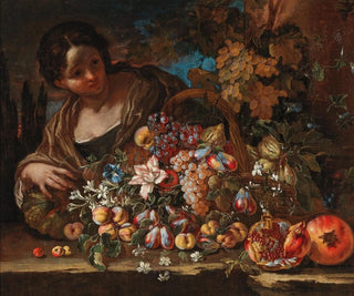 Blumen und Früchte auf einer Stele mit einer jungen Frau - Giovanni Paolo Castelli — Ansicht des Kunstwerks