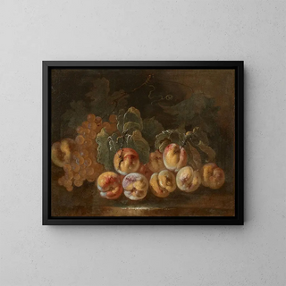 Pfirsiche und Trauben auf einem Entablement - Giovanni Paolo Castelli — gerahmtes Bild an der Wand