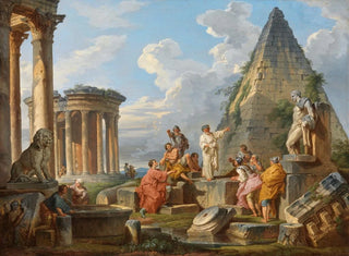 Ein Laune mit dem heiligen Paulus, der den Römern predigt, mit dem Tempel der Vesta und der Pyramide von Caius Cestius - Giovanni Paolo Panini — Ansicht des Kunstwerks
