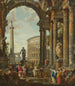 Ein klassischer Laune mit der Trajanssäule des Kolosseums und dem Farnesischen Herkules mit dem Philosophen - Giovanni Paolo Panini — Ansicht des Kunstwerks