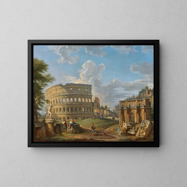 Landschaft mit dem Kolosseum und dem Konstantinsbogen in Rom - Giovanni Paolo Panini — gerahmtes Bild an der Wand